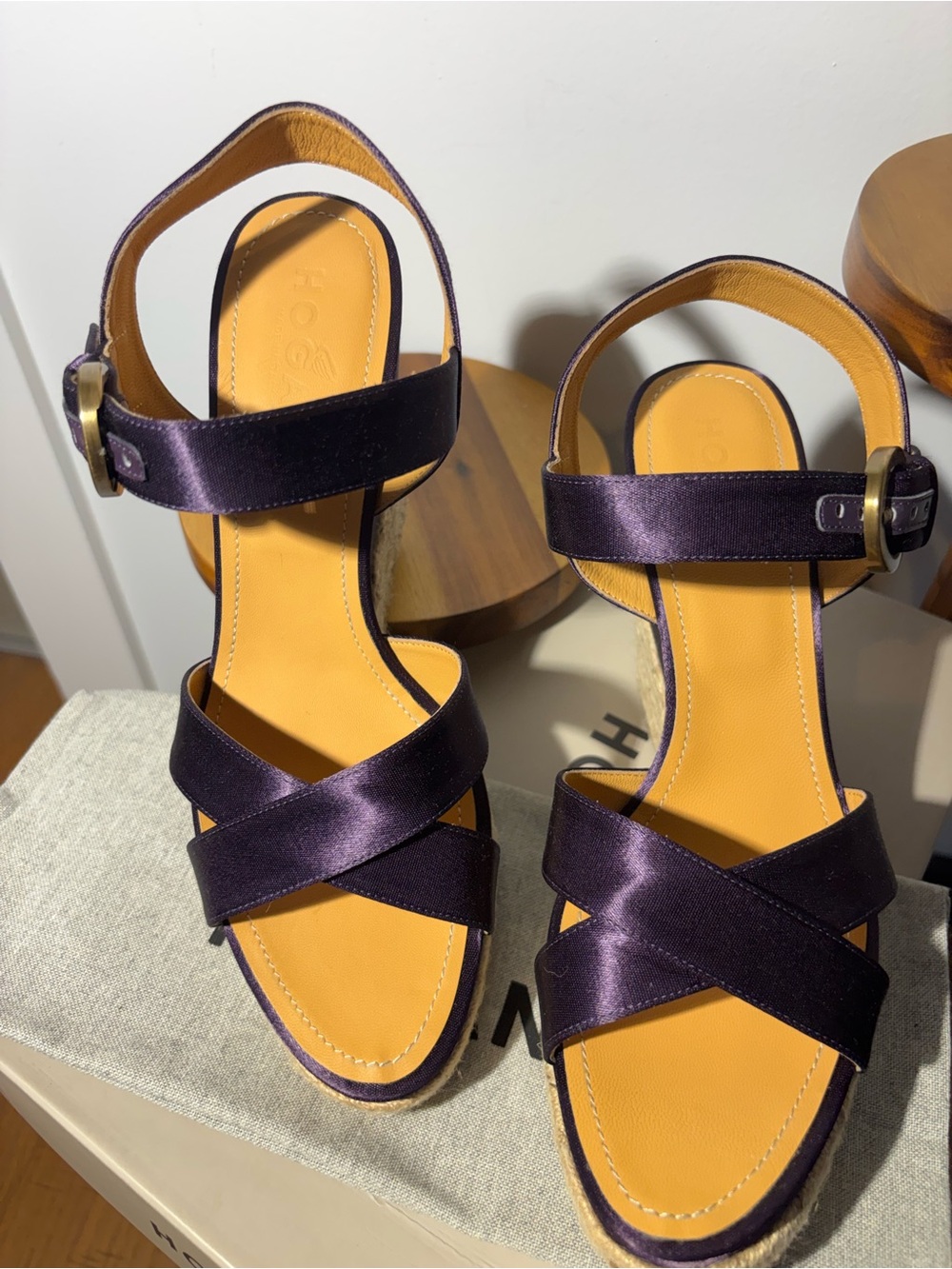NIB Hogan Purple Satin Ankle Strap Platform Espadrille Wedges EU 39